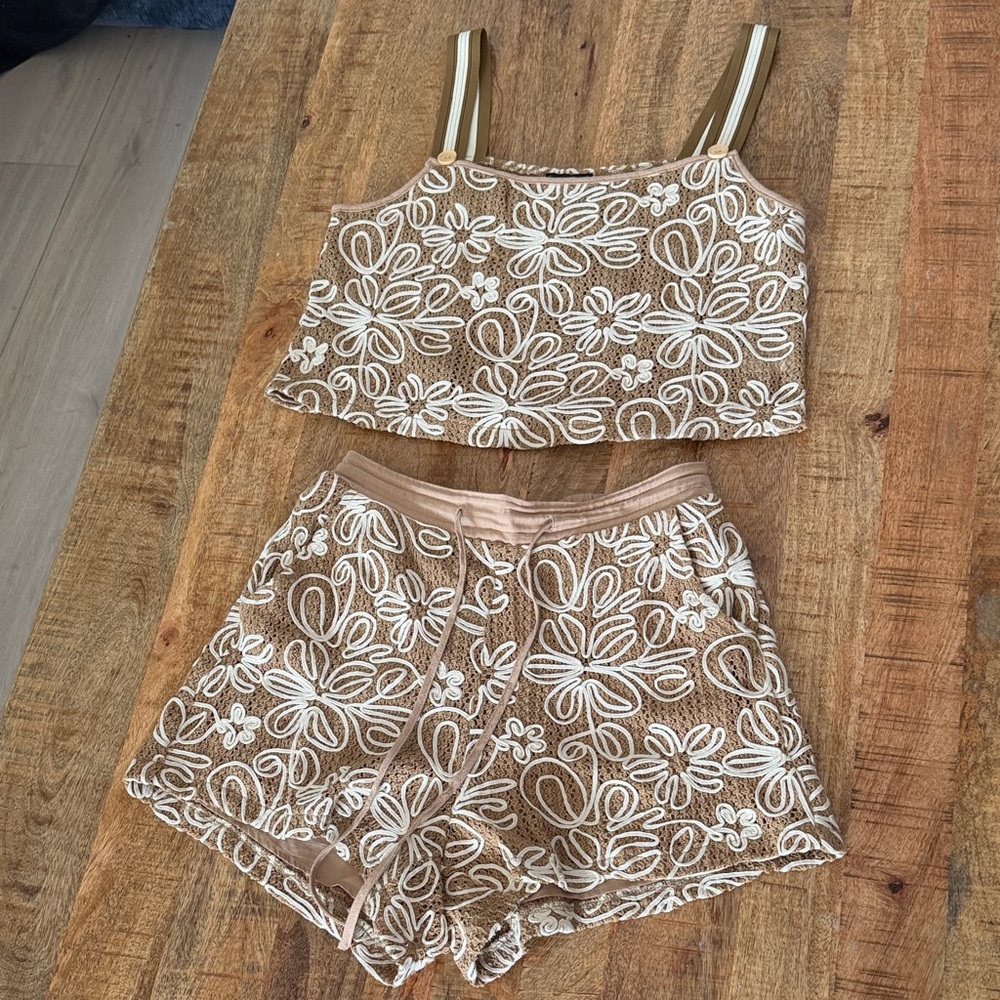Beige Floral Lace Two-Piece Romper Set - Women